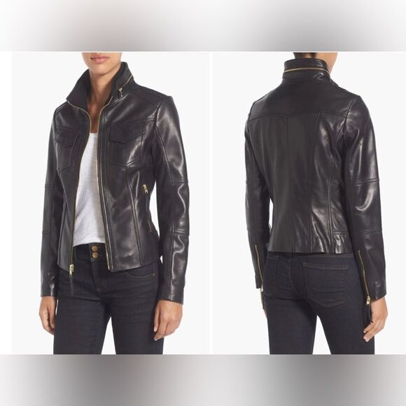 MICHAEL Michael Kors Leather Moto Jacket Front Zip Leather Jacket - Picture 2 of 15